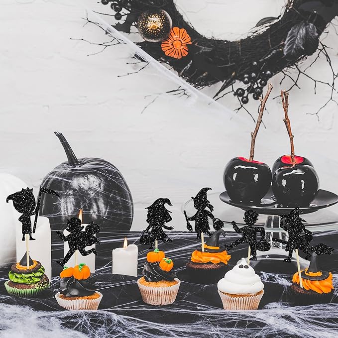 Gyufise 24Pcs Halloween Cupcake Toppers Black Glitter Trick or Treat Halloween Cupcake Pick Decorations for Baby Shower Kids Boys Girls Birthday Party Cake Decorations Supplies