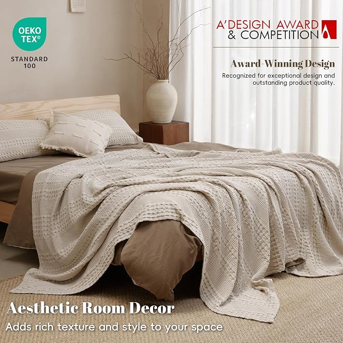 PHF 100% Cotton Waffle Blanket Twin Size, Lightweight Breathable Summer Blanket for Hot Sleepers, Pre-Washed Soft Layer for Bed, Dorm, Couch & Guest Room, Home Decor Gift, 66"x90", Light Taupe/Oatmeal
