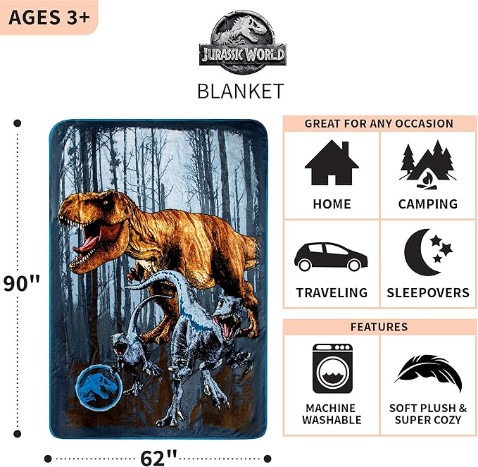 Jurassic World Dominion Blue Velociraptor and Rexy T-Rex Super Soft Plush Micro Raschel Blanket, 62 Inches x 90 Inches, Bedding by Franco Kids