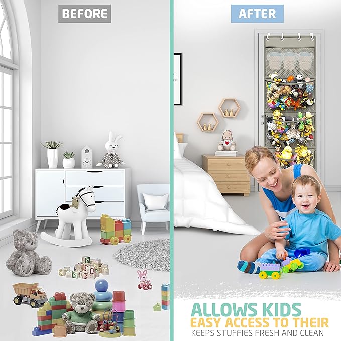 Honeyera Over Door Organizer for Stuffies, Baby Accessories, and Toy Plush Storage - Easy Installation with Breathable Hanging Storage Pockets (Gray)