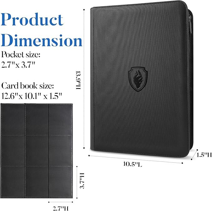 Premium Zip Card Binder, Fabmaker 9 Pocket Trading Card Binder, PU Cover Zipper Card Collection Album, Sturdy 360 Side-Loading Card Folder Holder for Game & Sports Cards, Black
