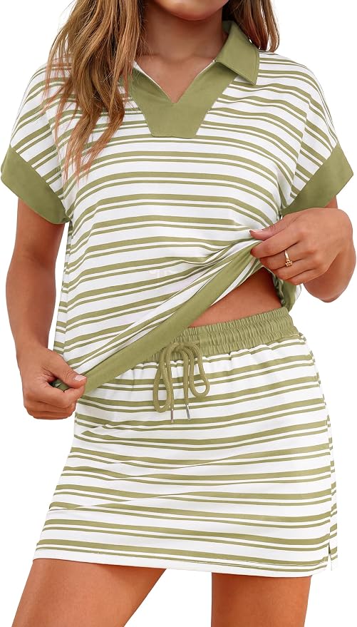 Womens Striped 2 Piece Outfits Skirt Set Summer Casual Short Sleeve Polo Skort Workout Set Matching Lounge Sets