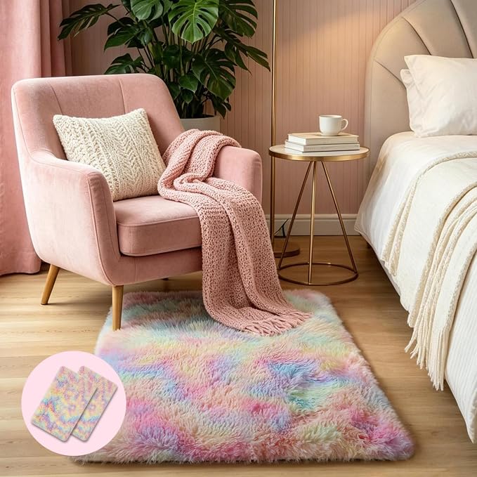 KICHOWUA Rainbow Unicorn Fluffy Fuzzy Rug 2x3, 2 Pcs Washable Non Slip Shag | Soft shaggy area rug for girls bedroom, princess kids room, living room, nursery, dorm, and classroom