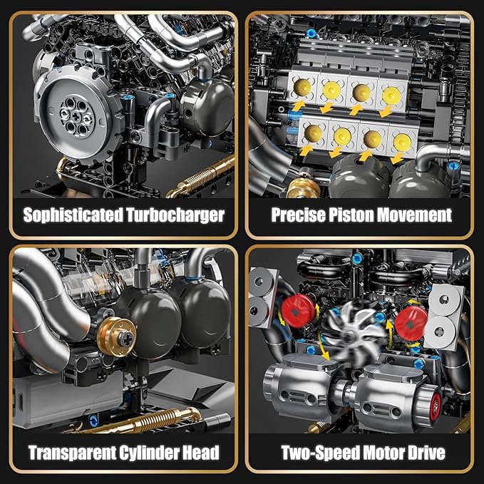 W16 Engine Building Blocks Set for Adults, STEM Mini 16-Cylinder Engine Model Kit that Runs, Compatible with Lego Car, DIY Physical Science Experiment Toy for Teens Boys 8-14+ (801 PCS)