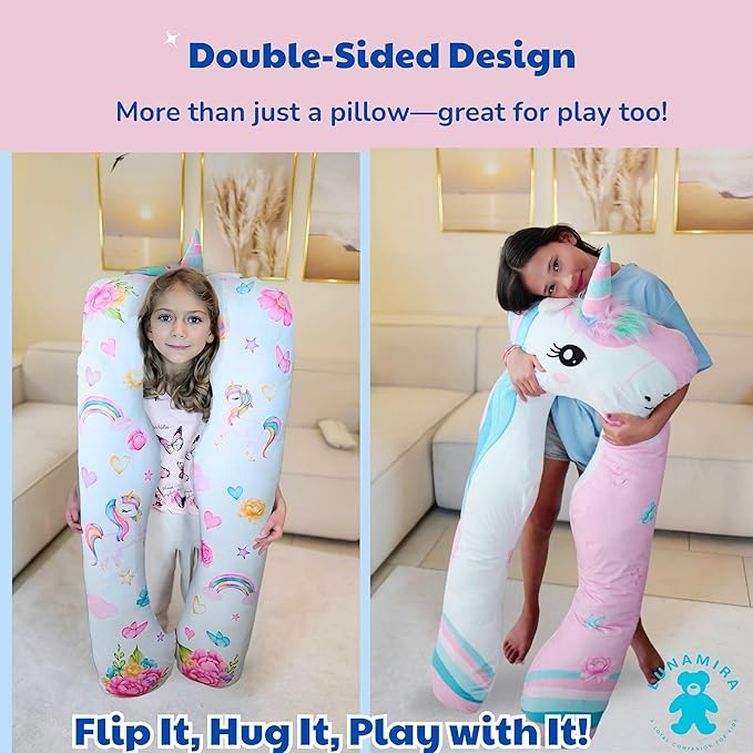 LUNAMIRA Unicorn Kids Body Pillow - 47" U-Shape Long Plush Soft Animal Pillow for Toddlers, Sleeping, Reading, ADHD & Special Needs Comfort, Anxiety, Washable Cover, Snuggle Cuddle for Boys & Girls