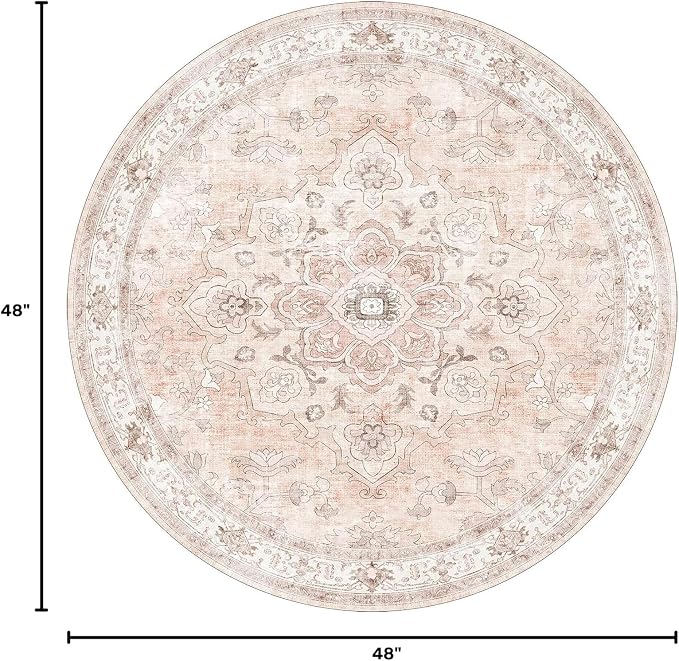 CAPALOCA Round 4ft Washable Nursery Girls Low Pile Area Rug Pink | Non-Slip Soft Rugs for Bedroom Kids Playroom Living Room, Print Pattern Water Repellent Carpet Indoor Decor