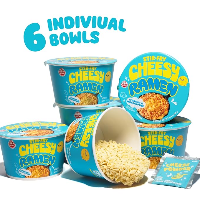 Otoki Cheesy Ramen Bowl, Mac & Cheese Meets Ramen, Cheddar & Mascarpone Flavor, Korean Instant Ramen Bowl, 3.53 oz Pack of 6