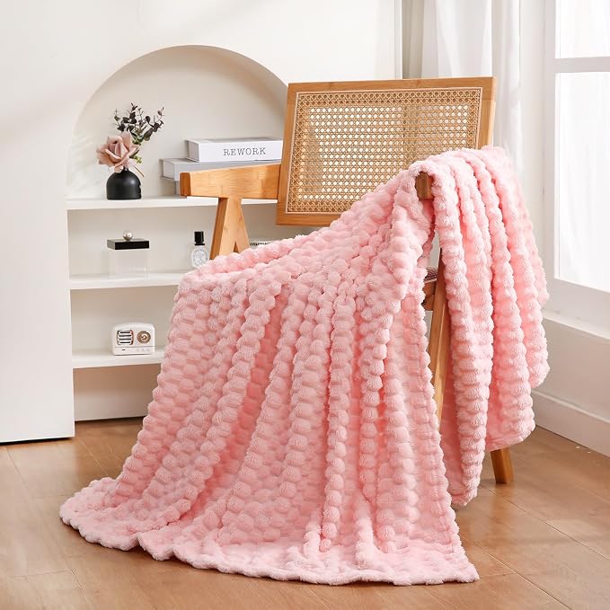 Puncuntex Pink Throw Blanket 50"×60" Gifts for Mom Fuzzy 3D Jacquard | Decorative Flannel Fleece Super Soft Plush Cozy Blanket for Couch Sofa Chair Lightweight