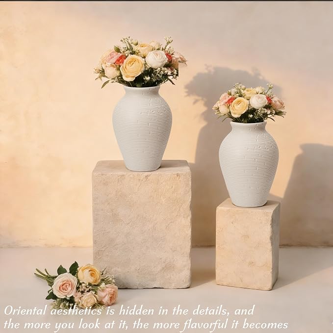 Ceramic Flower Vases Set of 2, 8.1 Inch Rustic Farmhouse Decorative Terracotta Vases for Home Decor, Table, Mantle, Fireplace, Living Room, Bathroom, Wedding Centerpiece Gifts for Women