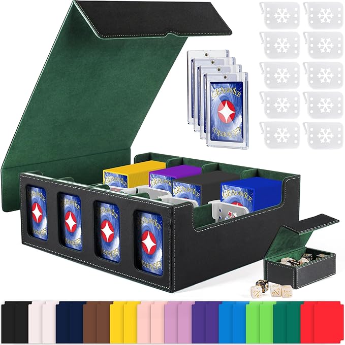 GEAoffice Trading Card Storage Box with Commander Display, 3200+ Card Deck Case with Magnetic Removable Lid, 4-Row Deck Box for MTG/TCG/Sports/Games, 10 Stoppers, 24 Dividers, 1 Dice Tray, Black Green