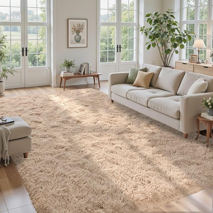 9x12 Area Rugs for Living Room Fluffy Neutral Beige,Modern Plush Non-Slip Soft Bedroom Shag Carpet for Book Room Office,Coffee Stain Resistant