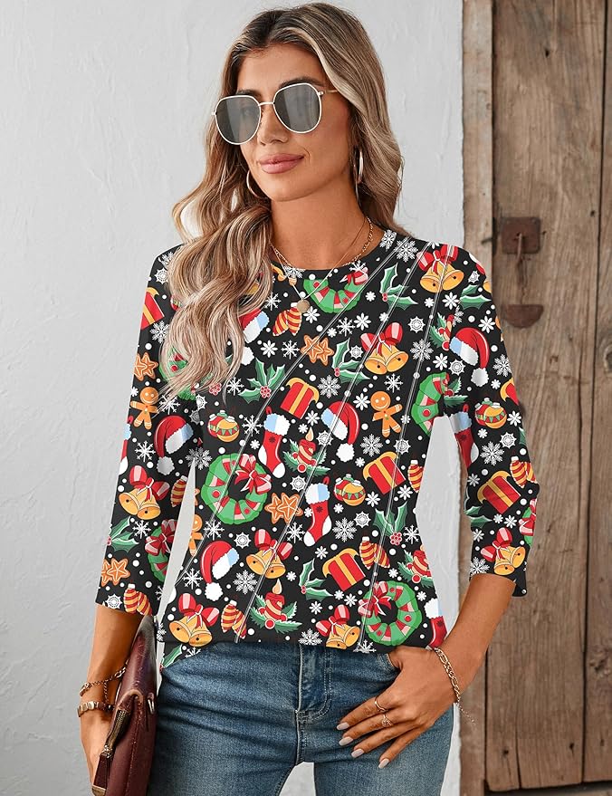 LOMON 3/4 Length Sleeve Womens Tops Spring Summer Fashion 2026 Tops Crew Neck Pleated Shirts Tunic Top Loose Fit
