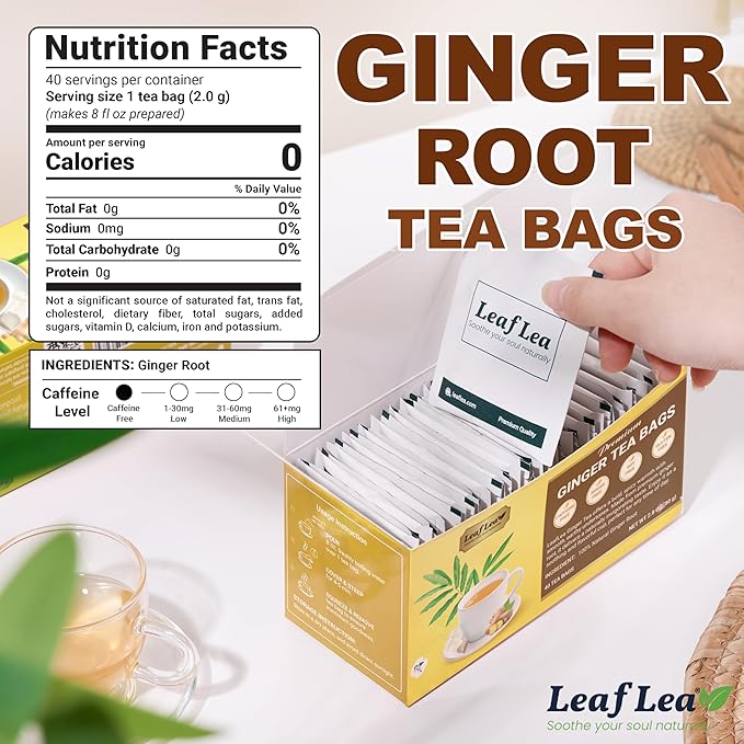 LeafLea Ginger Root Tea Bags, Real Ginger Herbal Tea, 80 Count | Warming Spicy-Sweet Brew, Individually Foil-Wrapped, Supports Digestion & Immunity, Caffeine-Free, Non-GMO