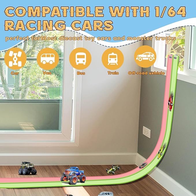 Flex Tracks 15 Ft for Kids Starter Set, Flexible Race Car Ramp Track with Suction Cups Compatible with Hot Wheels and Diecast 1/64th Cars for Ages 3 & Up (Green & Pink)