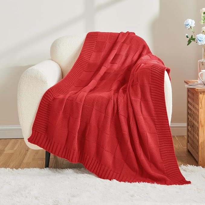 CozeCube Christmas Red Knitted Checkered Throw Blanket 50"X60" | Check Knit Throw for Couch, Decorative Christmas Soft Cozy Warm Blanket for Bed Sofa Living Room