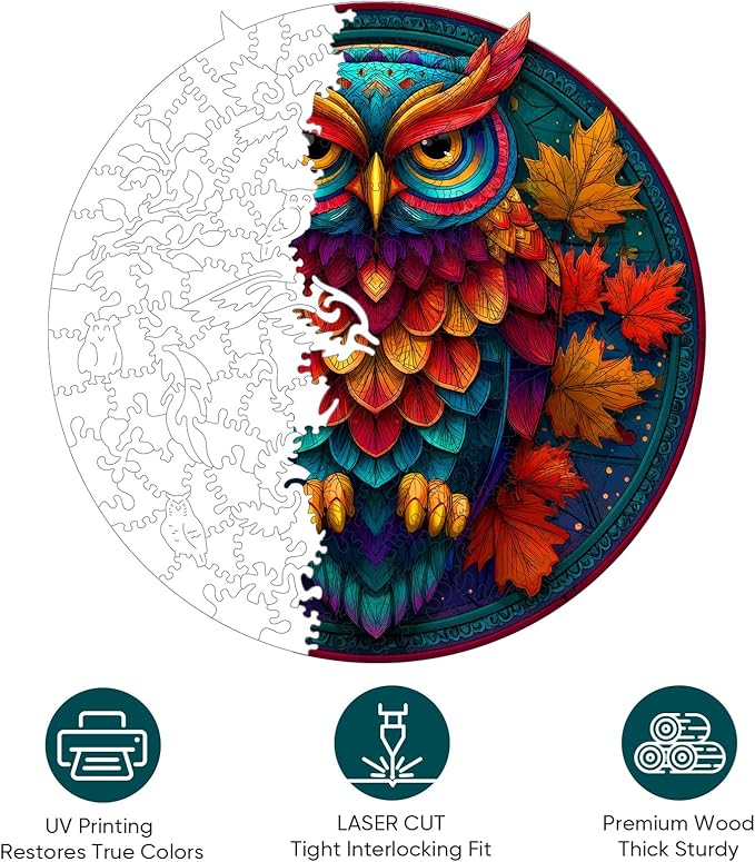 Mocfesk Wooden Puzzles for Adults, Colorful Owl Puzzles 500 Pieces, Unique Shaped Jigsaw Puzzles for Adults and Kids, Birthday Gifts Fun Challenge Family Game 16.5'' x 16.5''