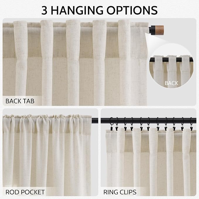 Nanspring Warm Beige Linen Curtains Semi Sheer 96 Inches Long 2 Panels Set for Living Room Back Tab Rod Pocket Light Filtering Drape for Bedroom Modern Farmhouse Coastal Decor Protect Privacy 52x96