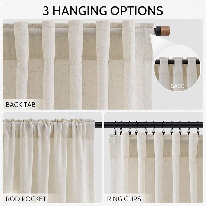 Warm Beige Linen Curtains 63 Inches Long 2 Panel Sets for Living Room Bedroom Rod Pocket Back Tab Light Filtering Drape for Kitchen Window Short Protect Privacy Curtain Modern Farmhouse Decor 52x63