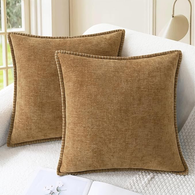 CaliTime Decorative Couch Throw Pillow Covers 20 X 20 Inches Apricot Brown | Pack of 2, Cozy Chenille Cushion Cases, Cotton Thread Stitching Edges, for Sofa Bed Living Room Farmhouse