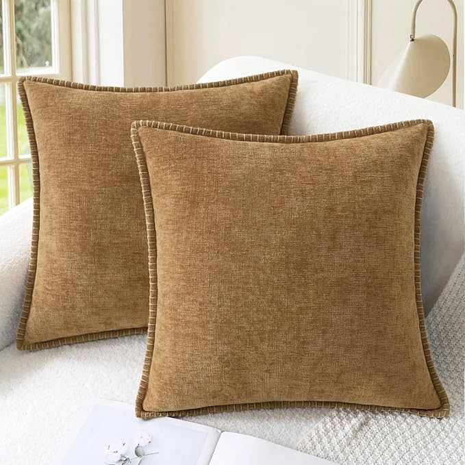 CaliTime Decorative Couch Throw Pillow Covers 16 X 16 Inches Apricot Brown | Pack of 2, Cozy Chenille Cushion Cases, Cotton Thread Stitching Edges, for Sofa Bed Living Room Farmhouse