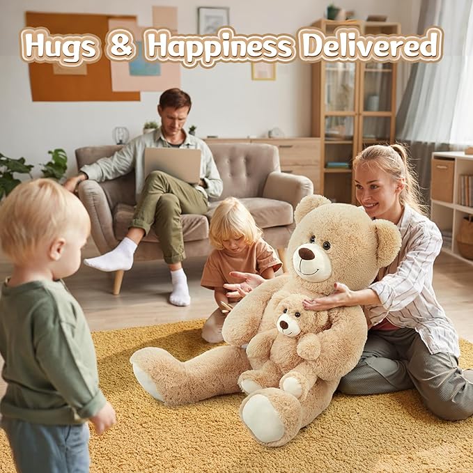 MorisMos Mom and Baby Giant Teddy Bear, 39inch Soft Stuffed Animal Large Teddy Bears Plush for Baby Shower, Tan