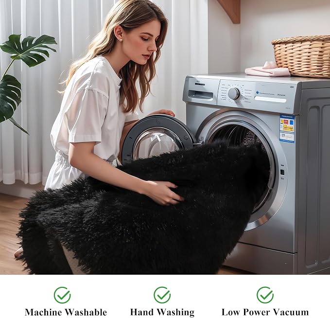 Black Fluffy 8x10 Large Area Rug, Soft Washable Shag Carpet | Cute plush fuzzy rug for bedroom, living room, nursery, baby, and toddler rooms