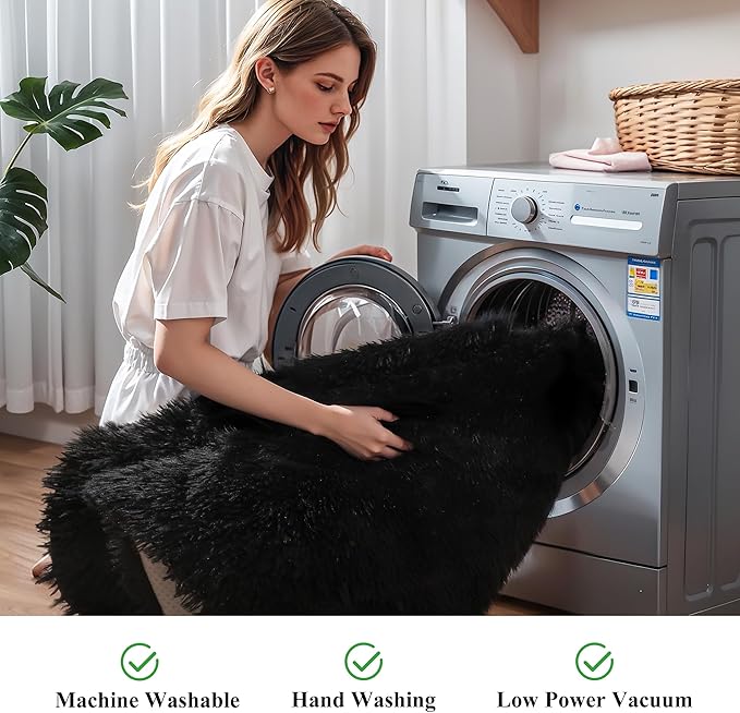 5x7 Black Shag Rug for Bedroom, Soft Plush Fluffy Washable Carpet | Area Rug for Living Room, Kids Nursery, Boys Girls Dorm Room, Non Slip Shaggy Floor Carpet