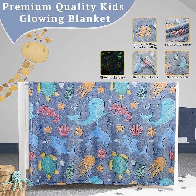Glow in The Dark Throw Blanket Dolphin Marine Life Luminous Blankets and Throws Blue Colorful Plush Blankets Soft Glowing Throw Easter Gifts for Kids Girls Boys Teens Age 1-15 Years Old