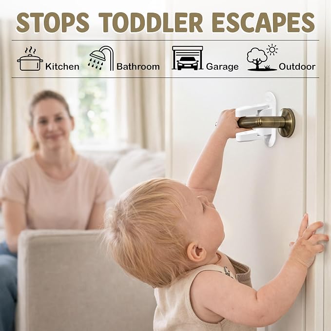 Door Lever Lock (4 Pack) Stop Toddler from Opening Doors - Easy to Open for Adults - Baby Child Toddlers Safety - No Tools Install - with 8 Bonus Pinch Guard