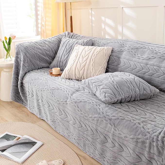 YUSOKI Sherpa Fleece Large Throw Blanket, Light Grey, 50"x65" | 3D Stylish Design,320GSM, Non-Shedding, Lightweight for All Season Use, stays fluffy after repeated washes, Perfect Gifts