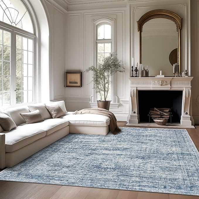 Soalmost 9x12 Area Rugs for Living Room Washable Rug Non-Slip Blue | Large Vintage Stain Resistant Carpet for Dining Bedroom, Low Pile Lightweight Foldable Floor Mat Nursery Home Office Decor