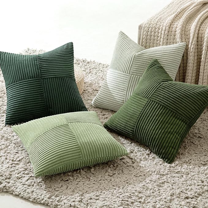 MIULEE Spring Green Decorative Throw Pillow Covers 20x20 Inch Set of 4 Boho Farmhouse Cushion Covers Mordern Nordic Pillow Cases Soft Corduroy Gradient Home Decor for Couch Sofa Living Room Bed