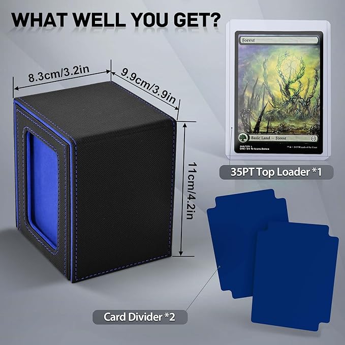 ZLCA MTG Deck Box with Commander Window Display, Trading Card Storage Box Holds 100 Double-Sleeved Cards Suitable for TCG/CCG/PTCG/EDH/Magic/Sport Cards (Black&Blue)