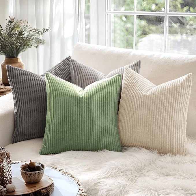 MIULEE Decorative Corduroy Throw Pillow Covers Set of 2 18x18 Sage Green | Soft Striped Textured Cushion Cases, Boho Natural Greenery Pillowcases for Home Decor, for Couch Chair Sofa Bed Living Room