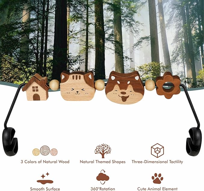 Three-Dimensional Baby Bjorn Bouncer Toy Bar, Toy for Baby Bouncer Soft & Bliss, Easy to Attach and Remove, 360°Rotating Natural Wooden Toys, Double-Sided Raised Design, Cat & Dog