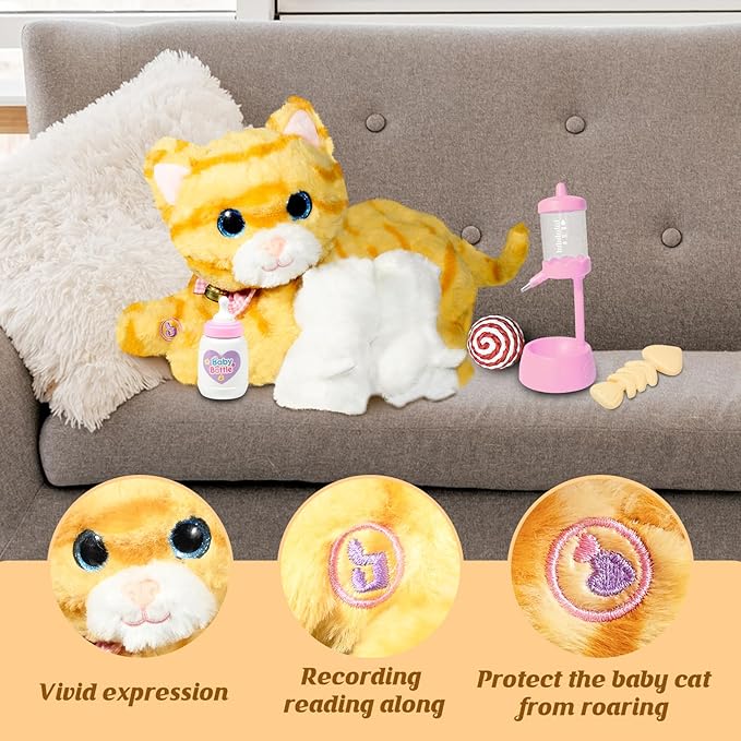 Nurturing Cat Stuffed Animal with 2 Plush Kittens, Cat Baby Stuffed for Girls and Boys Plushy Mommy Kitty with Baby Kittens for Birthday Party Favors Gifts