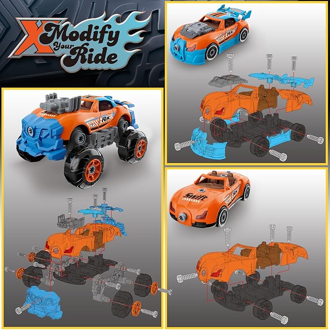 Pup Go 3-in-1 Take Apart Car for Boys Ages 3 4 5 6 7, Building Toys with Electric Drill, 43 Pcs Construction Toy Truck, Build Your Own Car with Play Tools, Ideal STEM Gift for Kids Children (Orange)