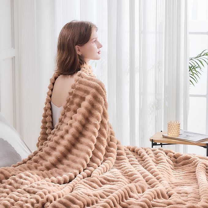 NEWCOSPLAY Super Soft Throw Blanket Taupe Premium Silky Flannel Fleece 3D Ribbed Jacquard Lightweight Bed Blanket All Season Use (Taupe Ribbed, Throw(50"x60"))