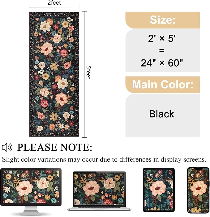 DUKINO 2x5 Runner Rug, Floral Washable Rug for Kitchen Non Slip, Black | Low Pile, Soft, Stain Resistant Indoor Rug Runner for Entryway, Hallway, Bedroom, Bathroom, Laundry, Pet Friendly, Home Decor