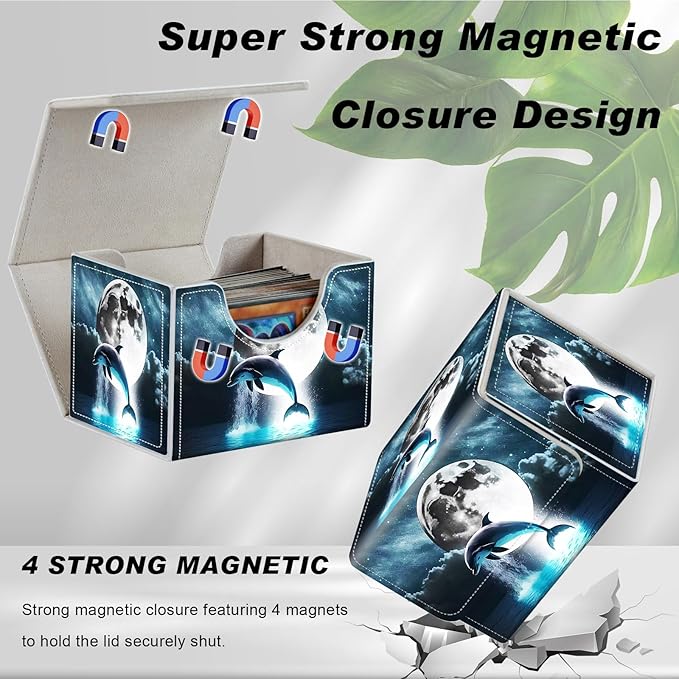 DEGDFSGR Card Game Storage Box forTCG MTG Deck Box Organizer Trading Case TCG Card Storage Box Magnetic Closure Creative Pattern Up to 200 Cards, Dolphin Moon Night