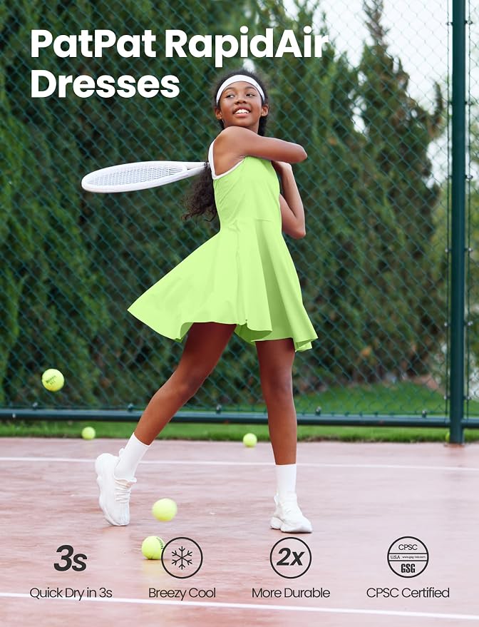 PATPAT Girls Athletic Dress Tennis Summer Outfit with Headband & Shorts | Quick-Dry RapidAir-C Fabric, Lightweight Breathable Golf Dress, Sweat-Wicking 2 Piece sets, Two Hidden Pockets