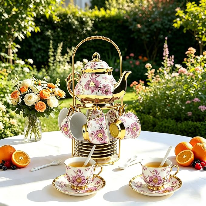 20 Pcs Porcelain Tea Set with Metal Holder, 700ml/23oz European Ceramic Tea Set for Adults, Adult Tea Set Gift, Flower Tea Cup Saucer Set for Party With Gold Flower Painting (Elegant Purple/700ml)