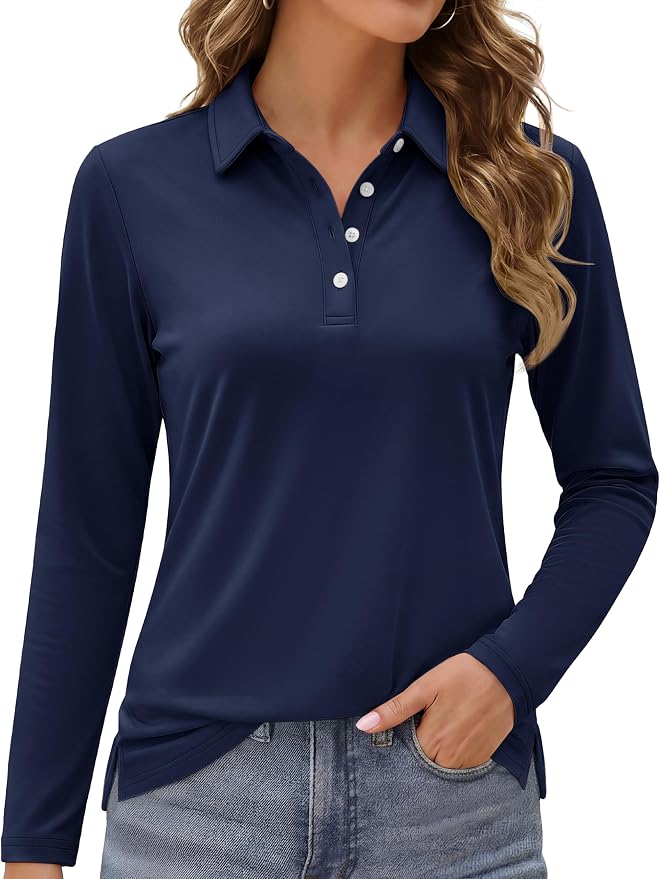MAGCOMSEN Long Sleeve Polo Shirts for Women Golf Tops with Collar Work | UPF 50+ Sun Protection, 4 Buttons, Moisture Wicking, Breathable, 4-Way Stretch, Collared, Quick Dry, Active, Casual, Tennis