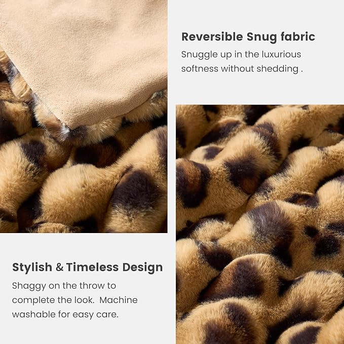 Cozy Bliss Cheetah Leopard Print Faux Fur Throw for Couch, Fuzzy Soft Plush Thick Bubble Blanket for Sofa Bedroom Living Room, 50x60 Inches Brown