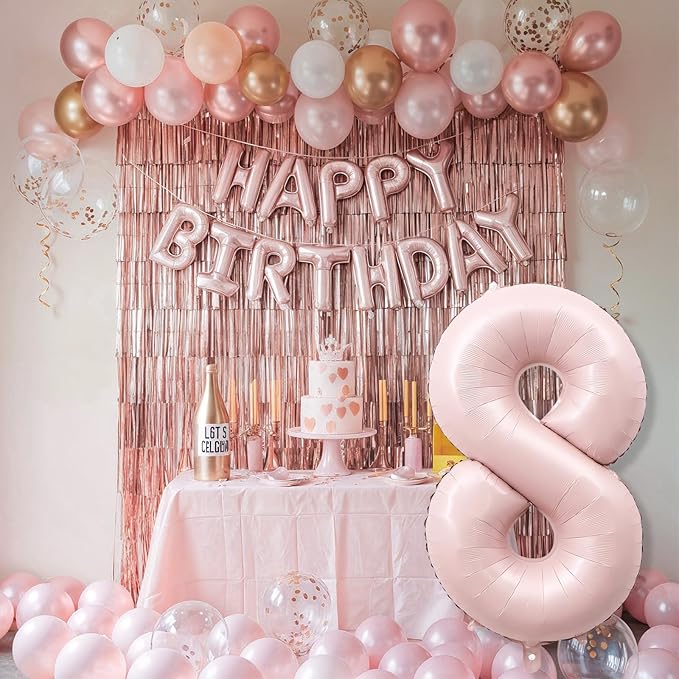 Foil 8 Balloon, Dusty Light Pink Big Number 8 Balloons for Girls Birthday Party Decor, 40'' Mylar Self Inflating Number 8 Pastel Blush Baby Pink Balloon for 8th Birthday Party Anniversary Decorations