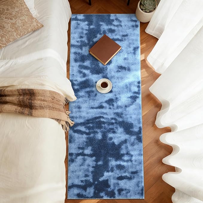 FinRèc 2x8 Washable Runner Rugs for Kitchen Hallway Bedroom, Low Pile Thin Ultra Soft Shag Rug, Non-Slip Carpet Indoor for Home Decor (Tie-dye Teal)