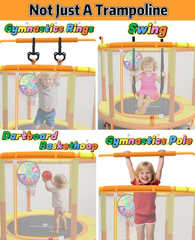 LANGXUN 60" Trampoline for Kids, 5ft Toddler Mini 6-in-1 Trampoline Indoor Outdoor with Swing, Basketball Hoop, Dart Board, Gymnastics Bar, Rings, Christmas Toys Birthday Gifts for Girls Boys