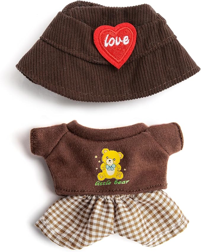 3-Piece Doll Clothes for Labubu & 17cm Dolls – Stylish Fisherman Hat Set, Kawaii Doll Outfits with Accessories for Collectors or Display - Coffee Bear (No Dolls)