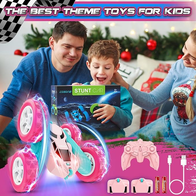 cosone RC Cars, Pink Remote Control Car for Girls, 2.4 GHZ Double Sided RC Stunt Car 360 Rotating Remote Control Cars with Headlights Toys for 6 7 8 9 10 11 12 Girls Birthday Gift