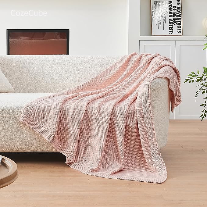 CozeCube Pink Seed Stitch Throw Blanket 60"x80", Farmhouse Decor | Blanket for Couch, Soft Cozy Cable Knit Throw for Bed Sofa Living Room, Lightweight Warm Decorative Christmas Blanket